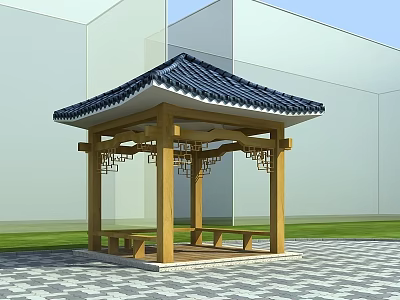 Traditional Chinese Pavilion With Wooden Structure And Blue Tiled Roof In Garden 3d model