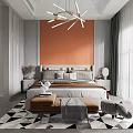Modern Bedroom Interior With Orange Wall Pendant Light Large Bed And Patterned Rug 3d model