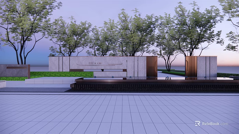 Modern Feature Wall Design With Stone Surface Green Trees And Paved Ground 3d model