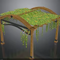 Wooden Pergola Structure With Green Plant Covered Roof And Hanging Vines