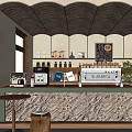 Cozy Café Interior With Arched Brick Ceiling Textured Countertop Blackboard Menu And Coffee Machine