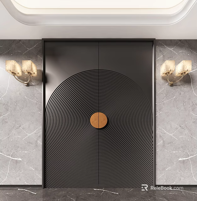 Black Double Doors With Concentric Circle Patterns Circular Knob And Marble Wall Sconces 3d model 