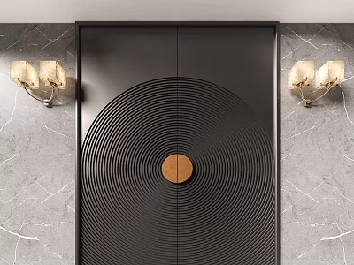 Black Double Doors With Concentric Circle Patterns Circular Knob And Marble Wall Sconces 3d model