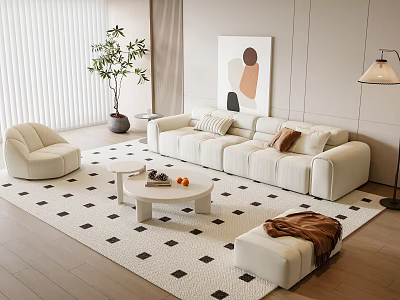 Modern Beige Sofa And Coffee Table Set With Ottoman Cushions And Geometric Rug 3d model