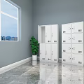 White Filing Cabinets with Glass Doors Files Green Plants Gray Walls Window and Marble Floor