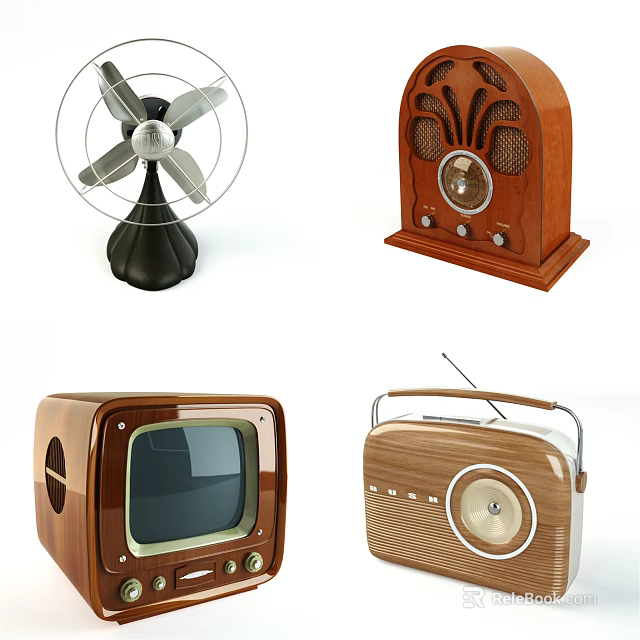 Vintage Wooden Television With Classic Radio Fan And Retro Electronics 3d model 