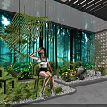 Modern Front Desk Reception Interior With Green Plant Walls Stone Counter And Striped Ceiling