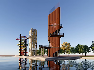 Modern Architectural Towers With Rustic Brown Spiral Staircase Light Perforated Design Water Reflection And Trees 3d model