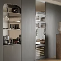Modern Dark Wooden Sideboard with Open Shelves Coffee Maker Bottles Plant and Sculpture