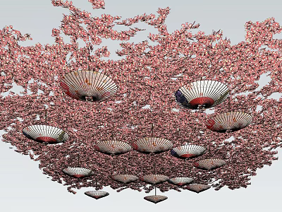 Ornamental Ceiling Featuring Cherry Blossom Decorations and Various Sizes Hanging Fans Arrangement 3d model
