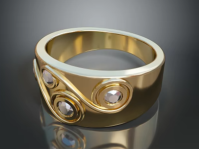 Elegant Gold Ring With Three Gemstones And Intricate Swirl Design 3d model