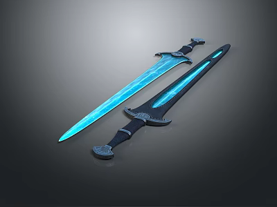 Fantasy Glowing Blue Blade Sword With Black Hilt And Decorative Design 3d model