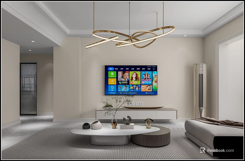 Modern Living Dining Room Interior Design With TV Wall Hanging Pendant Lights And Coffee Table 3d model 