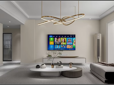 Modern Living Dining Room Interior Design With TV Wall Hanging Pendant Lights And Coffee Table 3d model