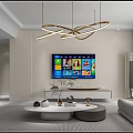 Modern Living Dining Room Interior Design With TV Wall Hanging Pendant Lights And Coffee Table