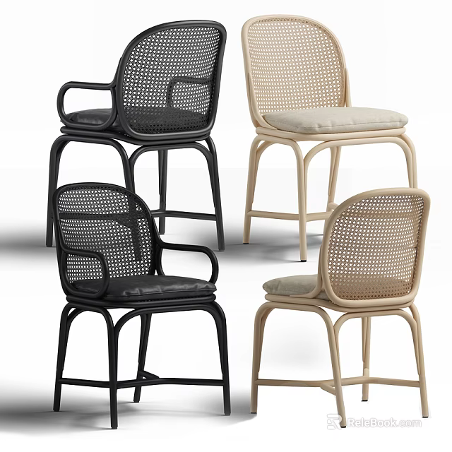 Modern Leisure Chairs With Wicker Back Upholstered Seats And Black Beige Tones 3d model 