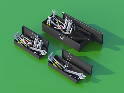 Black Open Hardware Toolboxes With Various Tools On Green Background 3d model