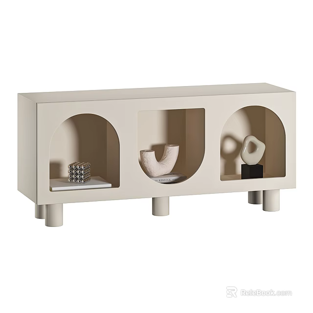 Beige Entryway Console Table With Arched Open Compartments And Decorative Items On Cylindrical Legs 3d model 
