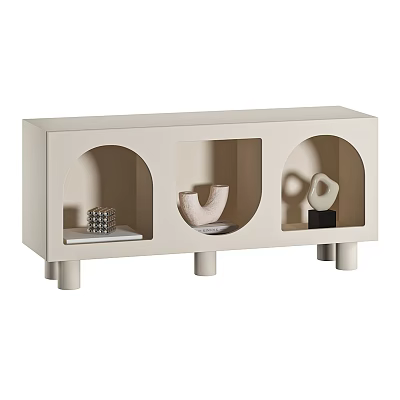 Beige Entryway Console Table With Arched Open Compartments And Decorative Items On Cylindrical Legs 3d model