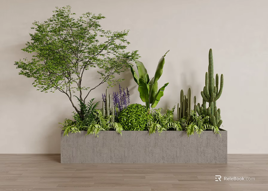 Rectangular Concrete Planter with Purple Flowers Cacti and Green Plants in Modern Indoor Space 3d model 