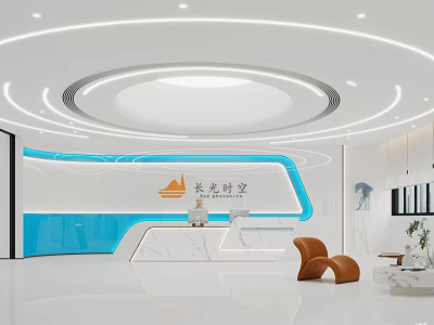 Modern Reception Desk With White Blue Walls Circular Ceiling Lights Marble Counter And Orange Chairs 3d model