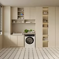 Modern Laundry Room Interior With White Washing Machine Beige Cabinets Window Plants And Storage Shelves