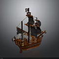 Wooden Pirate Ship Model With Black Sails And Skull Flag Detailed Design