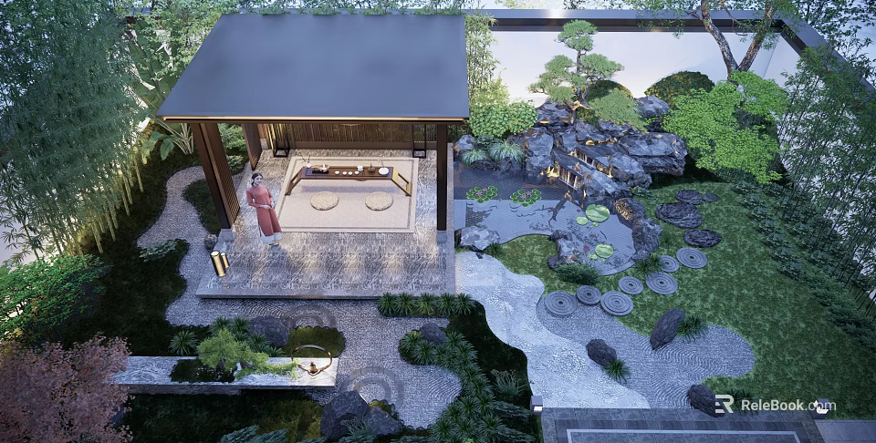 Japanese Style Garden Landscape Design With Pavilion Rockery Pond And Greenery 3d model 
