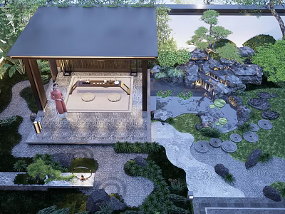 Japanese Style Garden Landscape Design With Pavilion Rockery Pond And Greenery 3d model