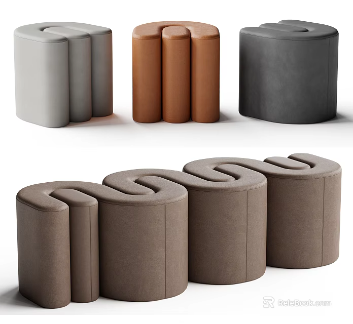 Modern Upholstered Sofa Stools In Gray Brown Beige With Cylindrical Design 3d model