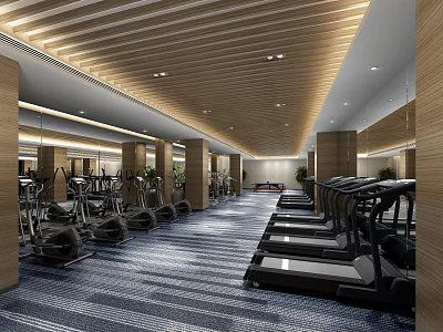 Spacious Modern Fitness Gym Interior With Treadmills Exercise Machines Wooden Ceiling Pillars And Mirrors 3d model