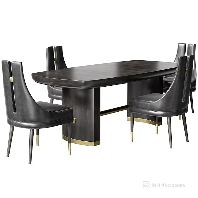 Modern Dark Wood Dining Table Set With Black Chairs And Metal Accents 3d model 