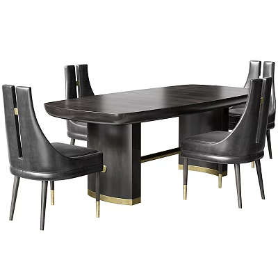 Modern Dark Wood Dining Table Set With Black Chairs And Metal Accents 3d model