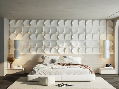 Modern Minimalist Bedroom Interior With Geometric Pattern Accent Wall Floor Lamps And Nightstands 3d model