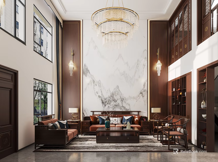 Traditional Duplex Living Room Interior With Marble Feature Wall Crystal Chandelier And Wooden Sofa 3d model 