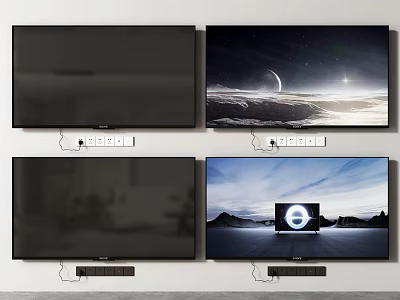 Four Wall Mounted TV Screens Showing Nature And Tech Display Scenes At Home 3d model