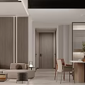 Modern Dining Living Room Interior With Wooden Table Comfortable Chairs And Large Window