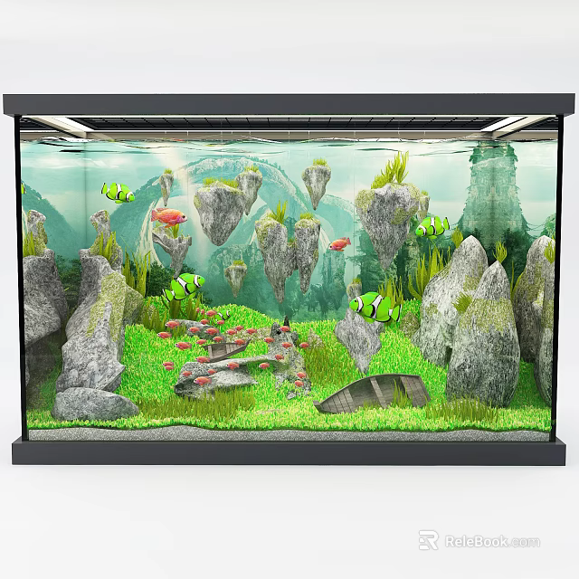 Stunning Aquarium Setup With Green Clownfish Decorative Rocks And Lush Aquatic Plants 3d model 