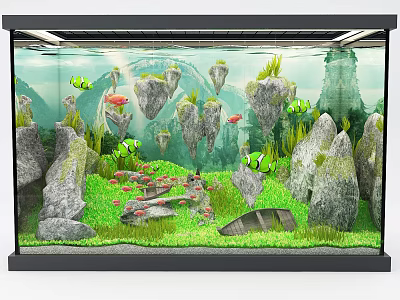 Stunning Aquarium Setup With Green Clownfish Decorative Rocks And Lush Aquatic Plants 3d model