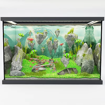 Stunning Aquarium Setup With Green Clownfish Decorative Rocks And Lush Aquatic Plants 3d model