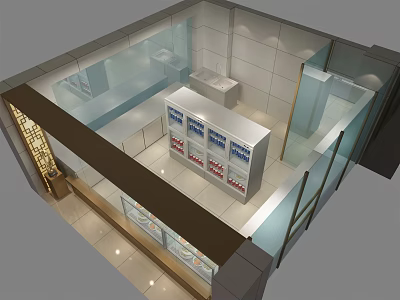 Modern Restaurant Interior Design With Open Layout Glass Partitions Display Cases And Counter 3d model