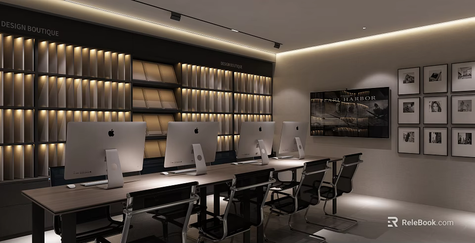 Modern Public Office Space With Multiple Computer Monitors Long Desk Black Chairs And Bookshelves 3d model 