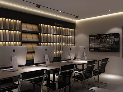 Modern Public Office Space With Multiple Computer Monitors Long Desk Black Chairs And Bookshelves 3d model