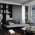 Modern Living Room Interior With Gray Sofa Black Bookshelf Glass Coffee Table Blinds And Green View