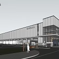 Modern Industrial Factory Building Exterior With Large Glass Windows Metal Cladding And Green Landscaping