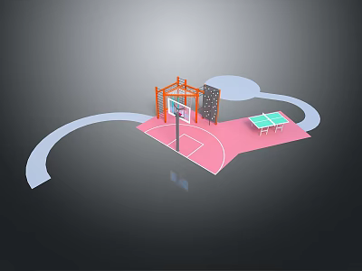 Stone and Wood Outdoor Sports Space with Basketball Hoop Climbing Wall and Ping Pong Table 3d model