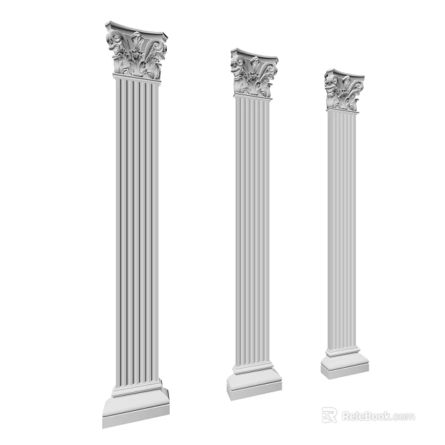 Three Various Classical Roman Columns With Fluted Shafts And Decorative Capitals 3d model 