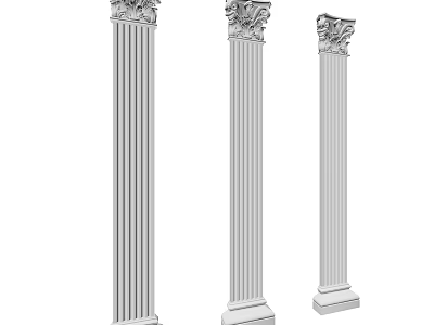 Three Various Classical Roman Columns With Fluted Shafts And Decorative Capitals 3d model