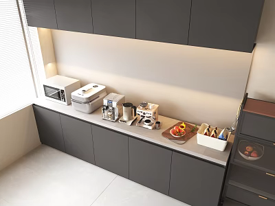 Modern Kitchen Countertop With Dark Cabinets Holding Microwave Coffee Maker Toaster And Kitchen Appliances 3d model