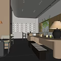 Modern Café Interior Design With Wall Shelves Green Plants And Warm Lighting